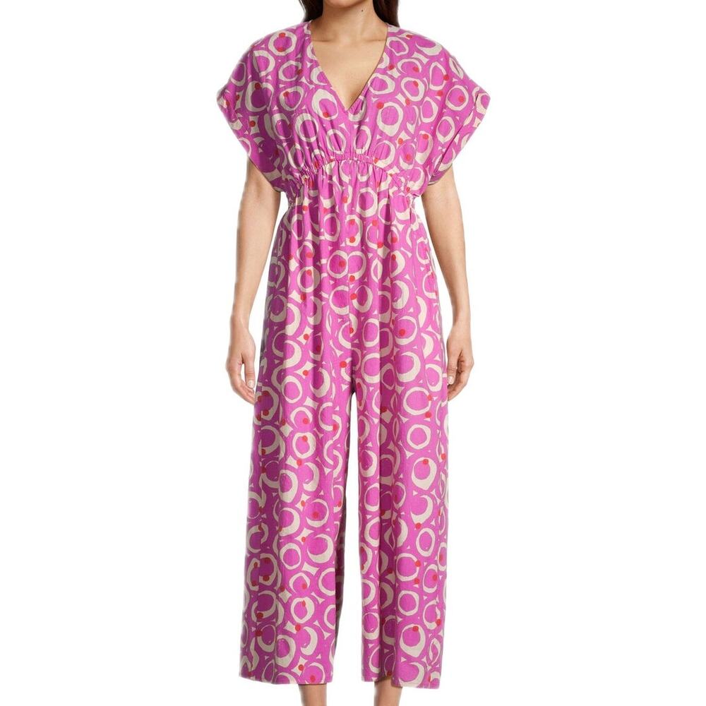 World Market Misha Fuchsia and Ivory Abstract Circles Jumpsuit with Pockets